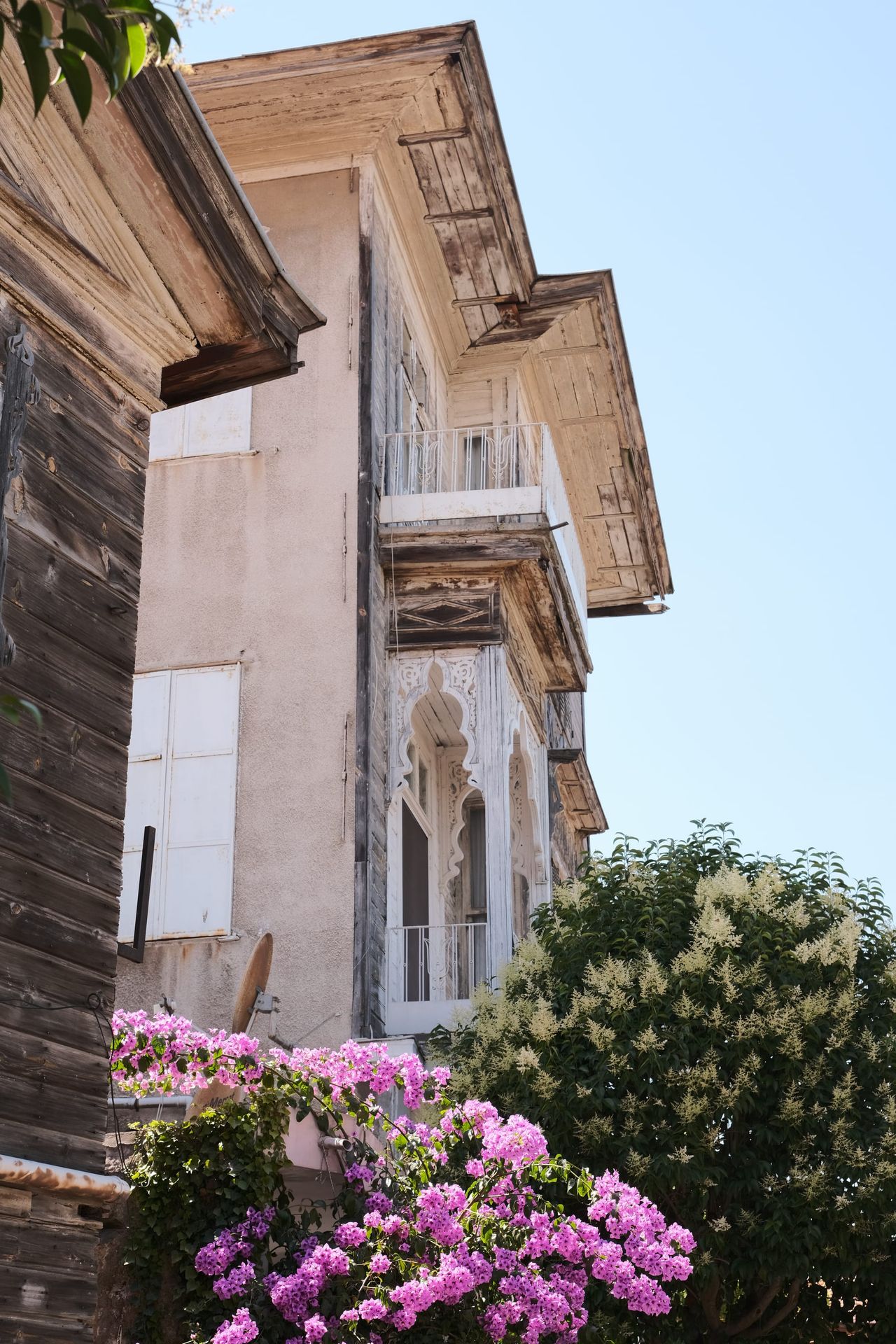 Pink flowers grow beside a weathered building with projecting balconies beneath a blue sky.