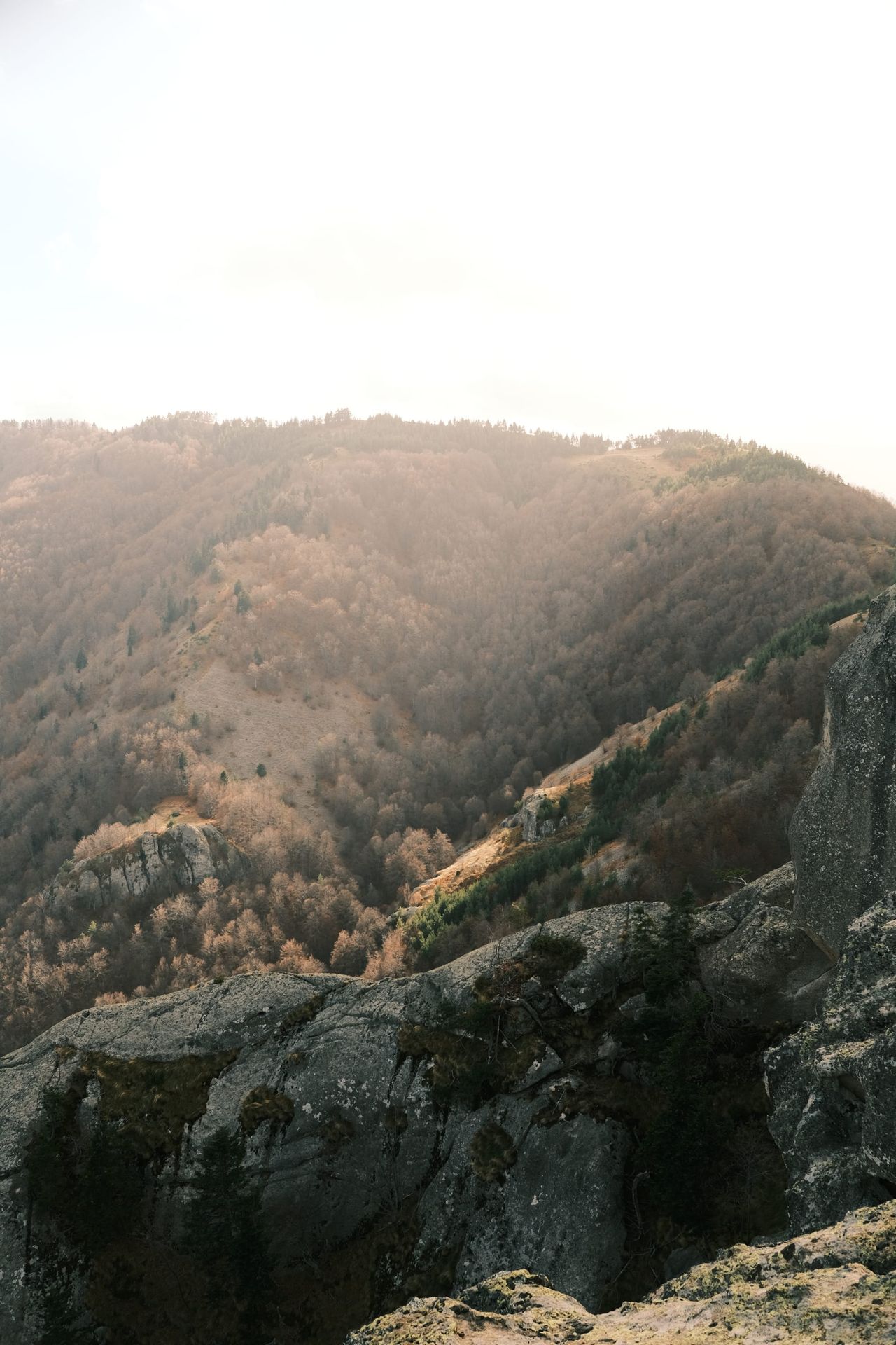 Sunlight falls across a steep, rocky mountain slope above a shadowed valley.