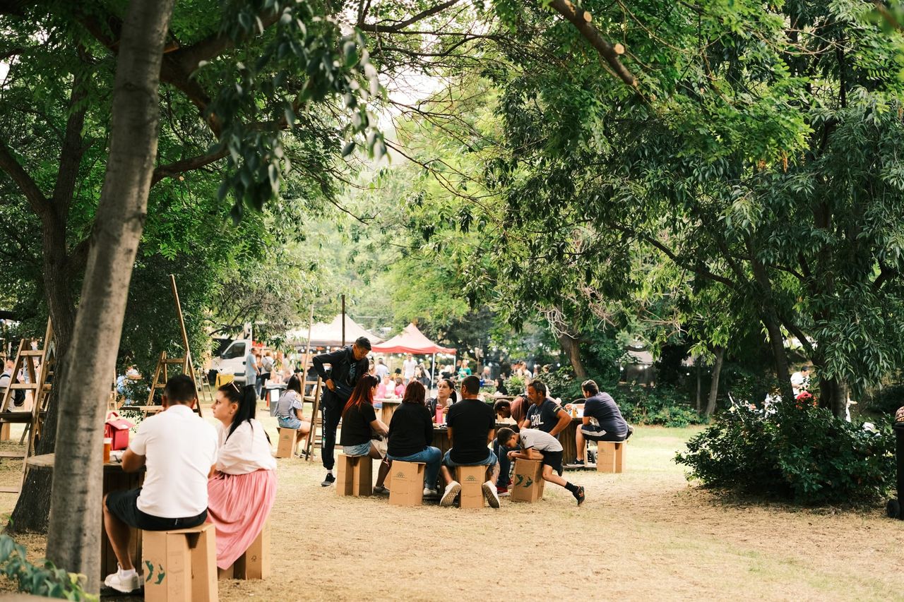 Festival visitors sit at wooden tables and walk along a shaded path beneath leafy trees.