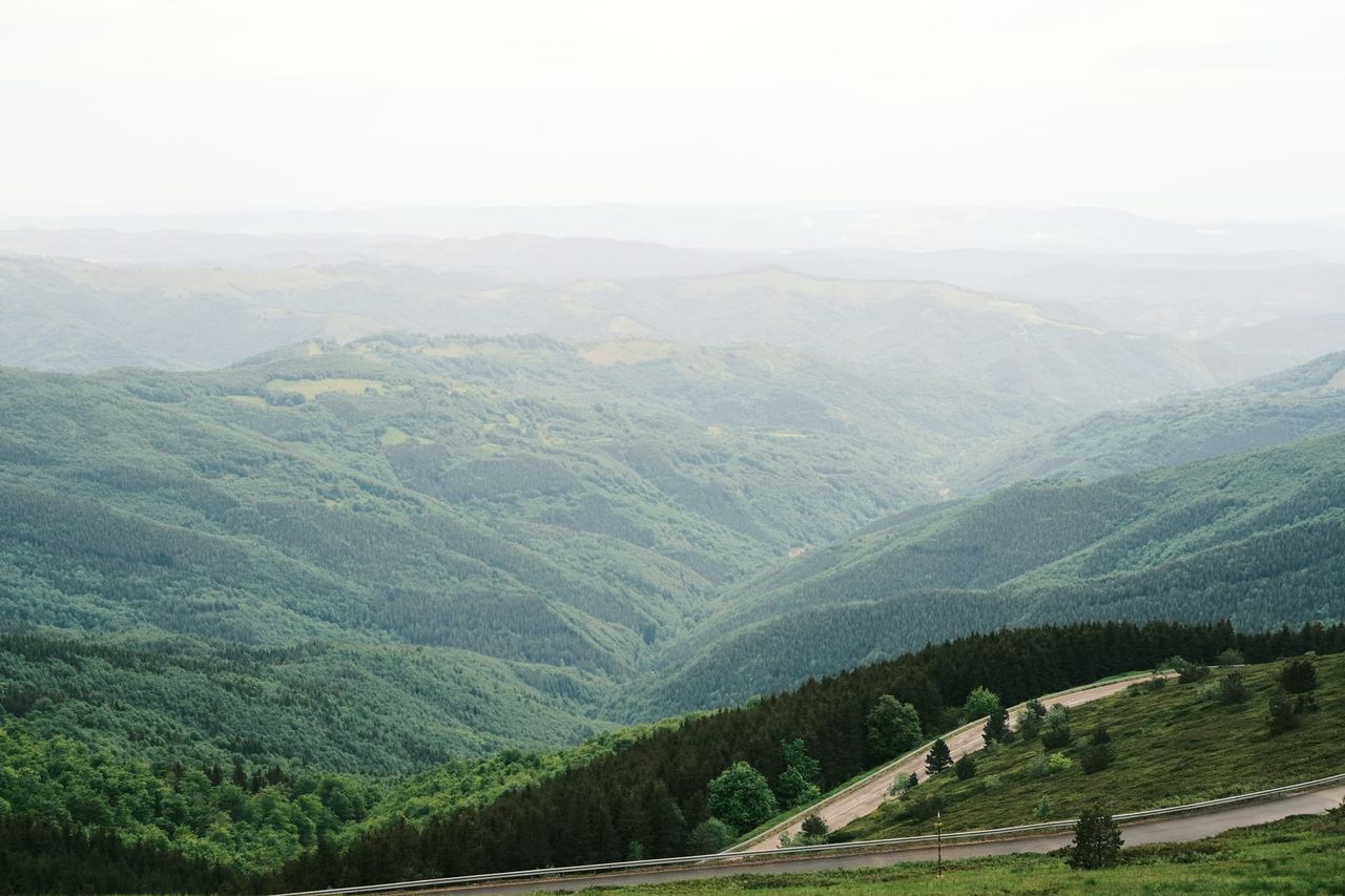 Forested valley and distant ridges beneath a pale sky