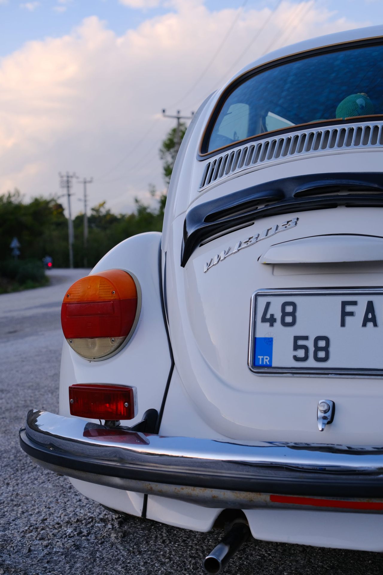 Rear of a white Volkswagen Beetle with a Muğla licence plate
