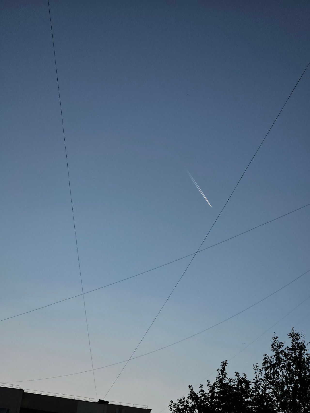Diagonal overhead wires cross an open blue-gray sky.