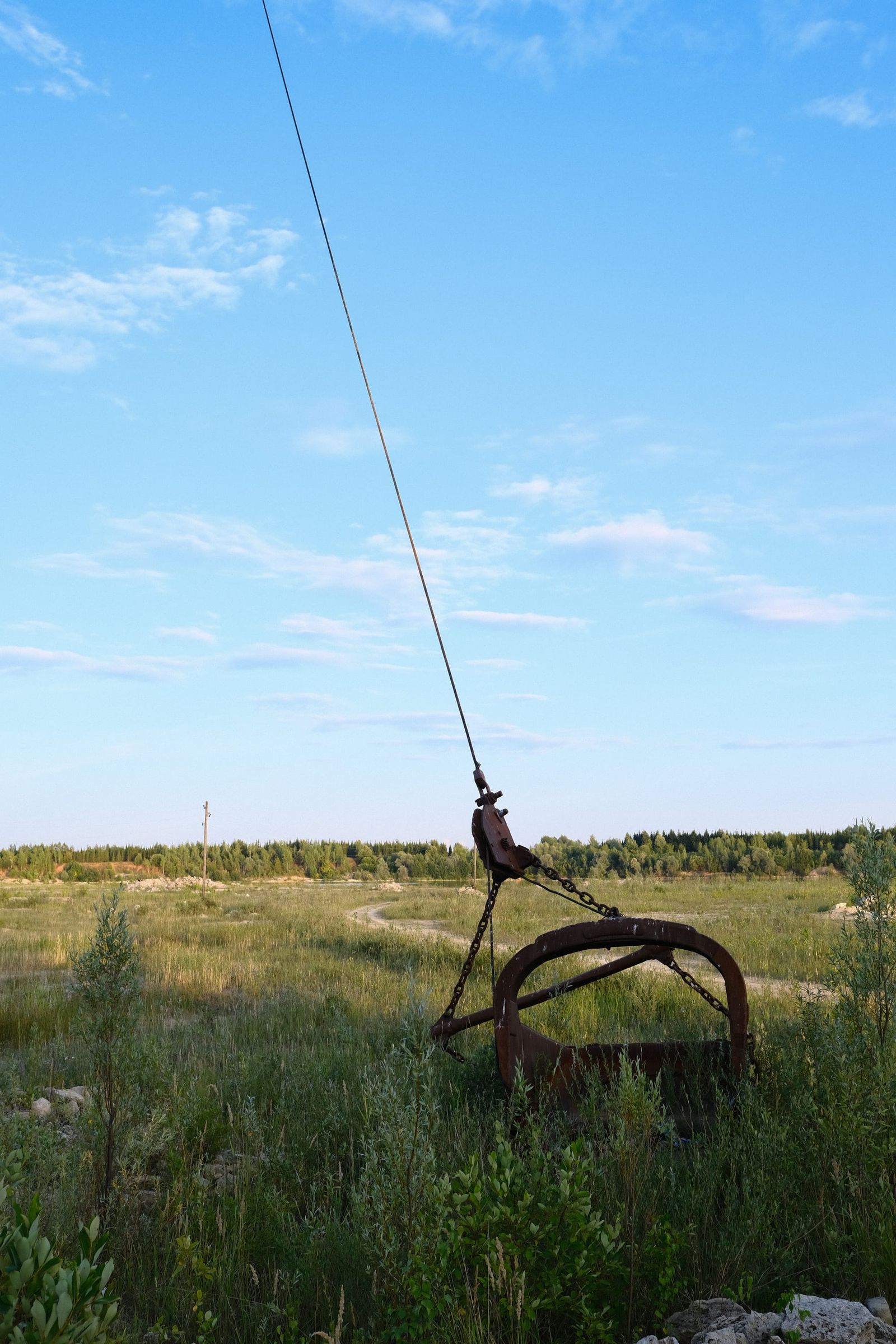 Weathered bicycle standing in a grassy field beneath a bright blue sky