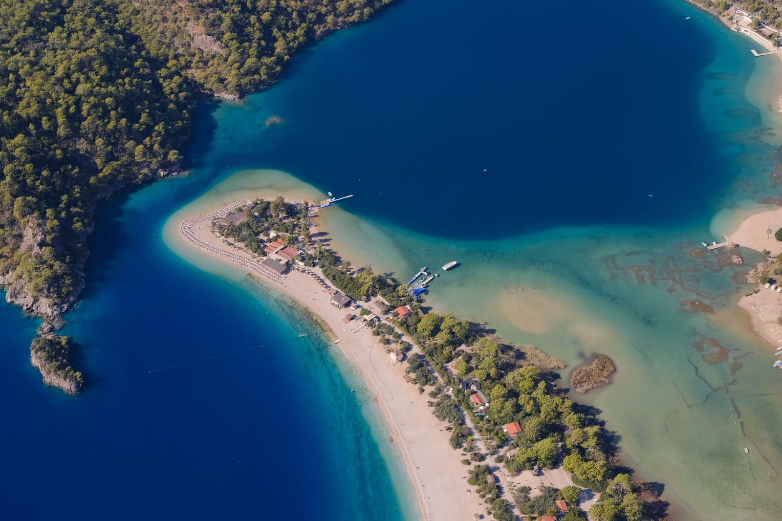 Curving sandbar and turquoise shallows of the Ölüdeniz Blue Lagoon