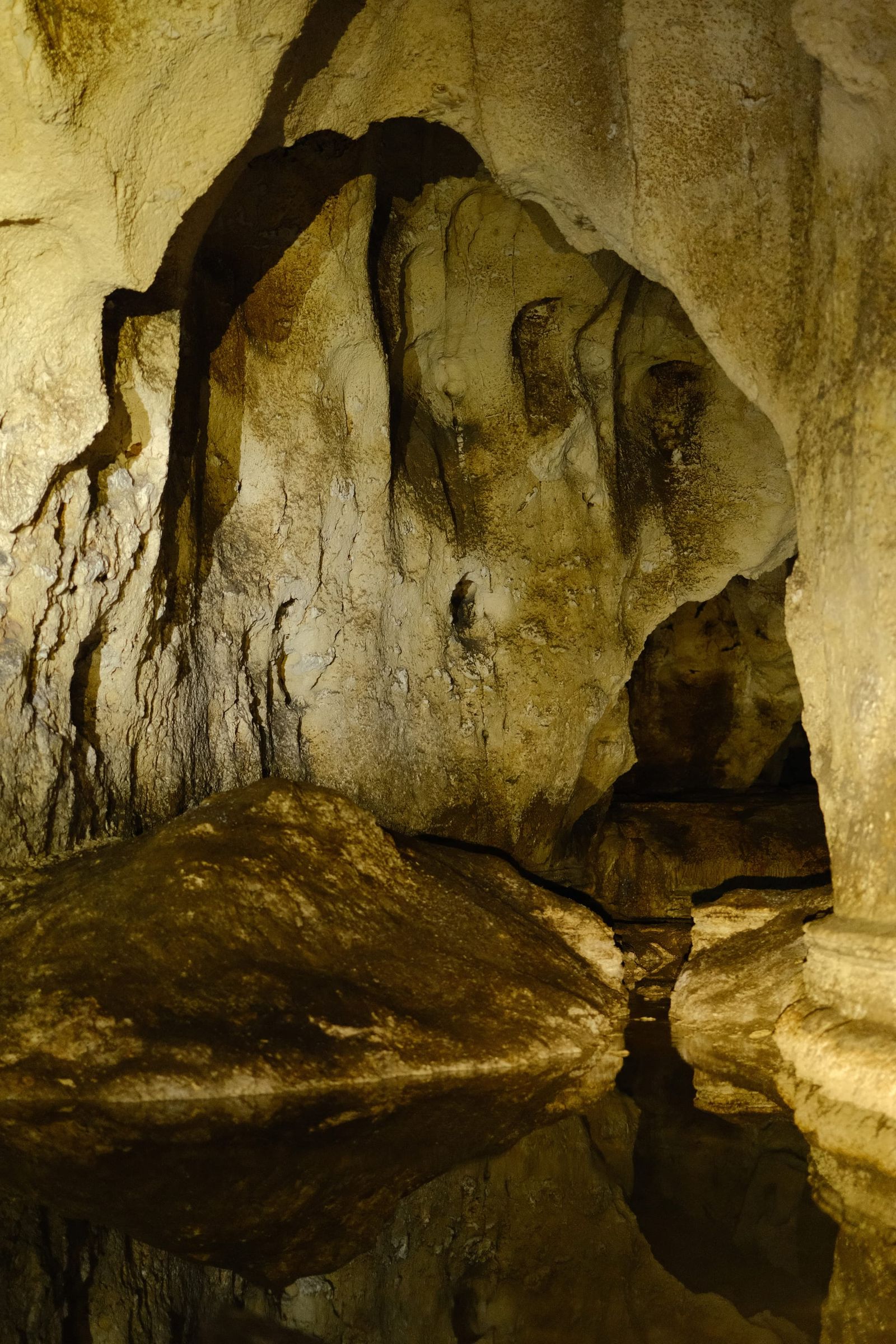 Sculpted limestone reflected in a still cave pool