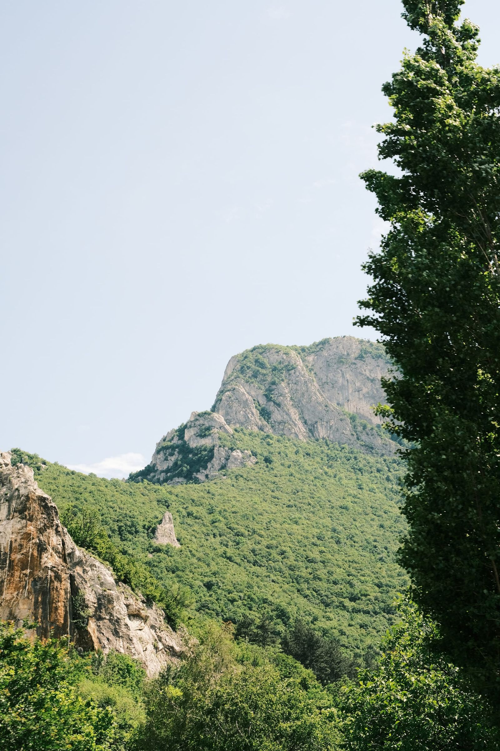Green mountain peak seen beyond rocky slopes