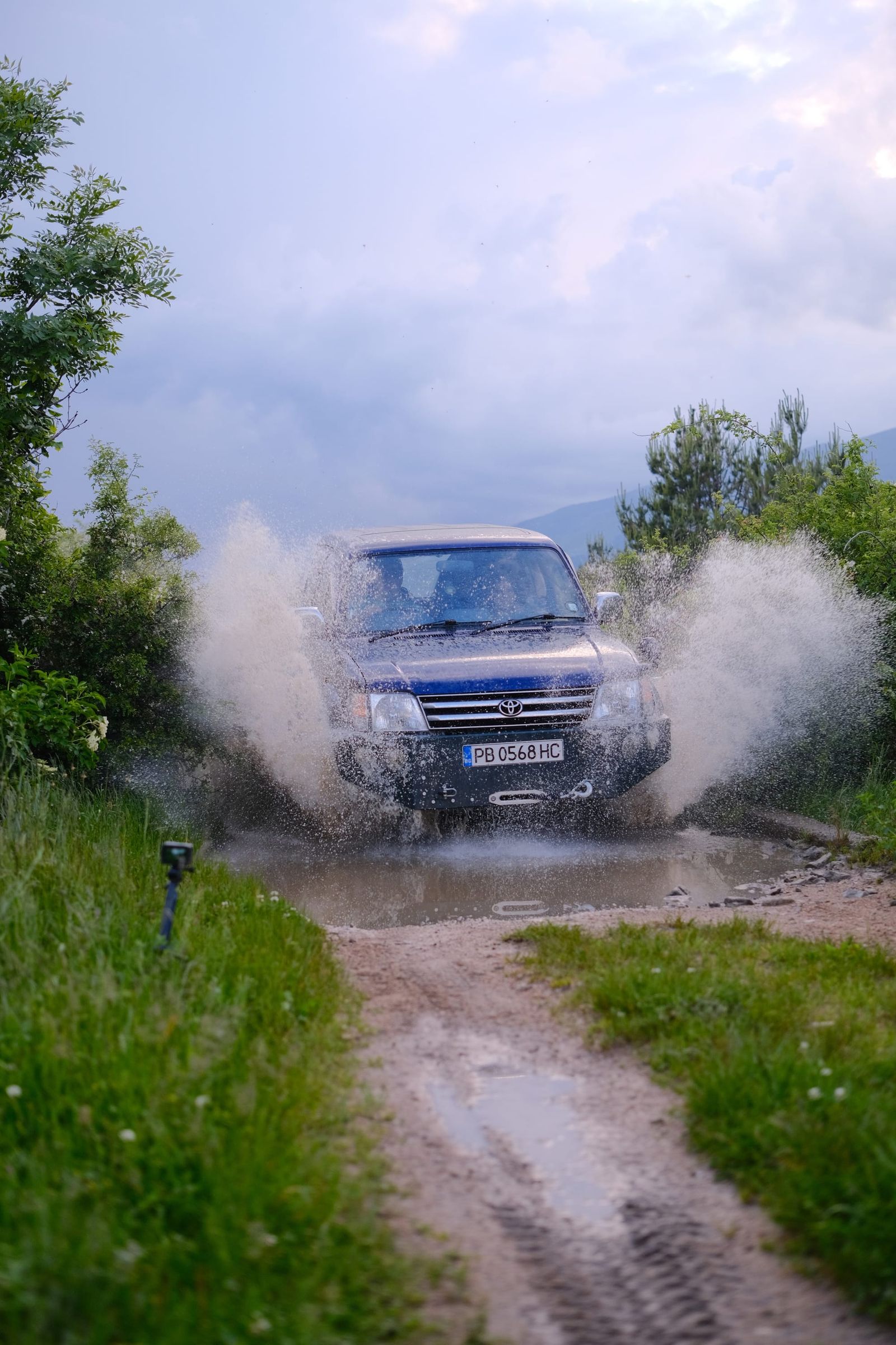 Vehicle driving out of the puddle between grassy verges