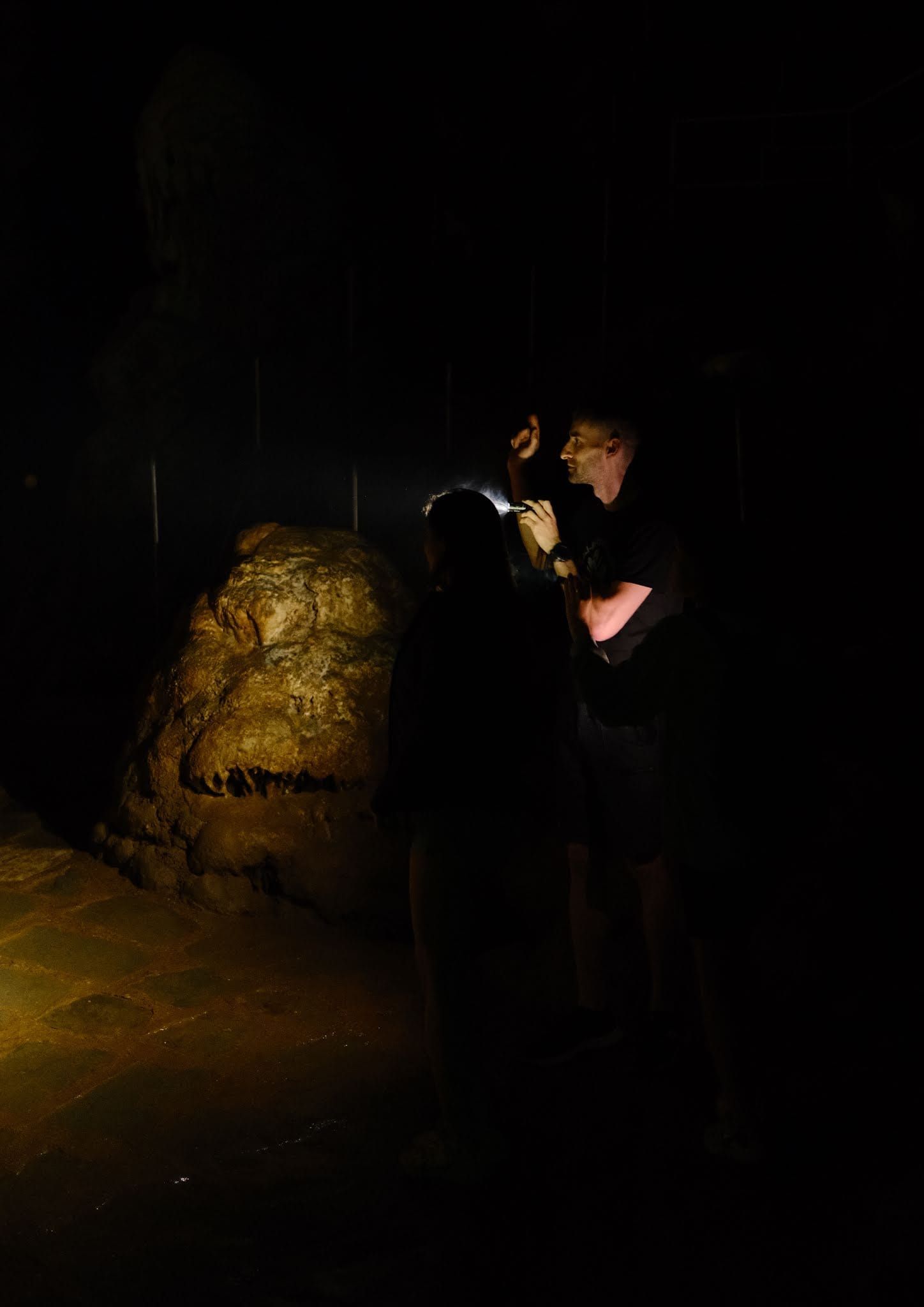 Two visitors examining a cave formation by flashlight