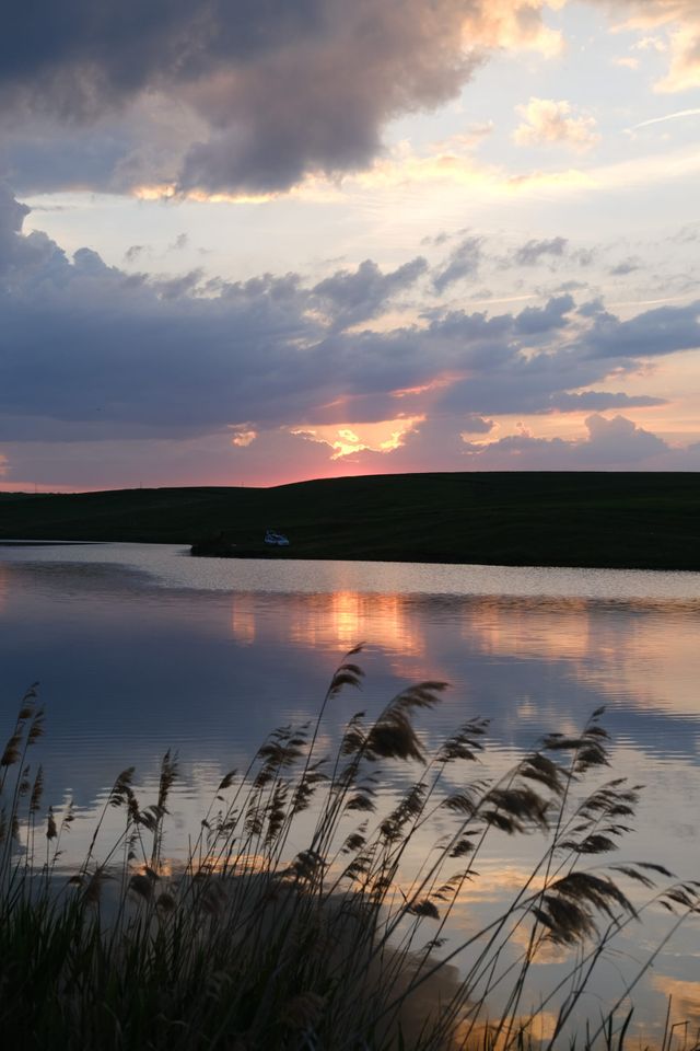 Dramatic sunset clouds reflected in a quiet lake behind silhouetted reeds