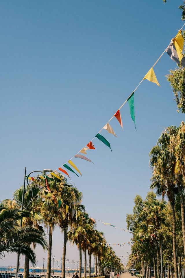 Colourful triangular flags crossing a clear sky above a palm-lined promenade