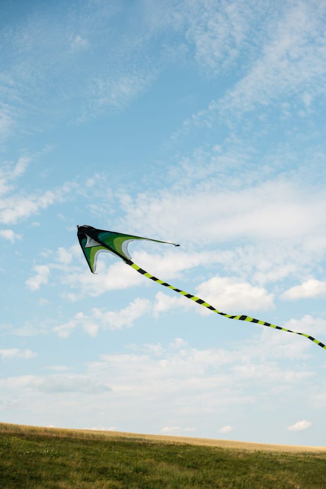Green kite flying above an open field beneath scattered white clouds