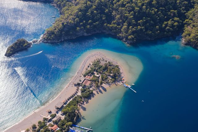 Aerial view of the Blue Lagoon sandbar and anchored boats