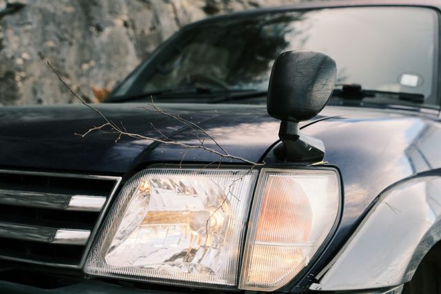 Close view of a Toyota’s headlight, grille and wing mirror beside a rocky slope.