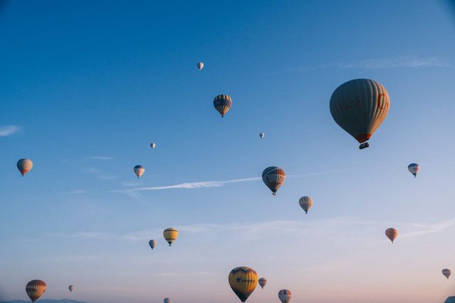 Hot-air balloons scattered across a blue and pink dawn sky above a rocky landscape