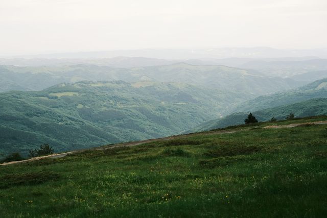 Wide panorama of layered green Balkan mountains