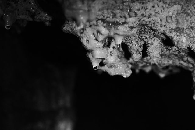 Close view of textured mineral deposits on a cave formation