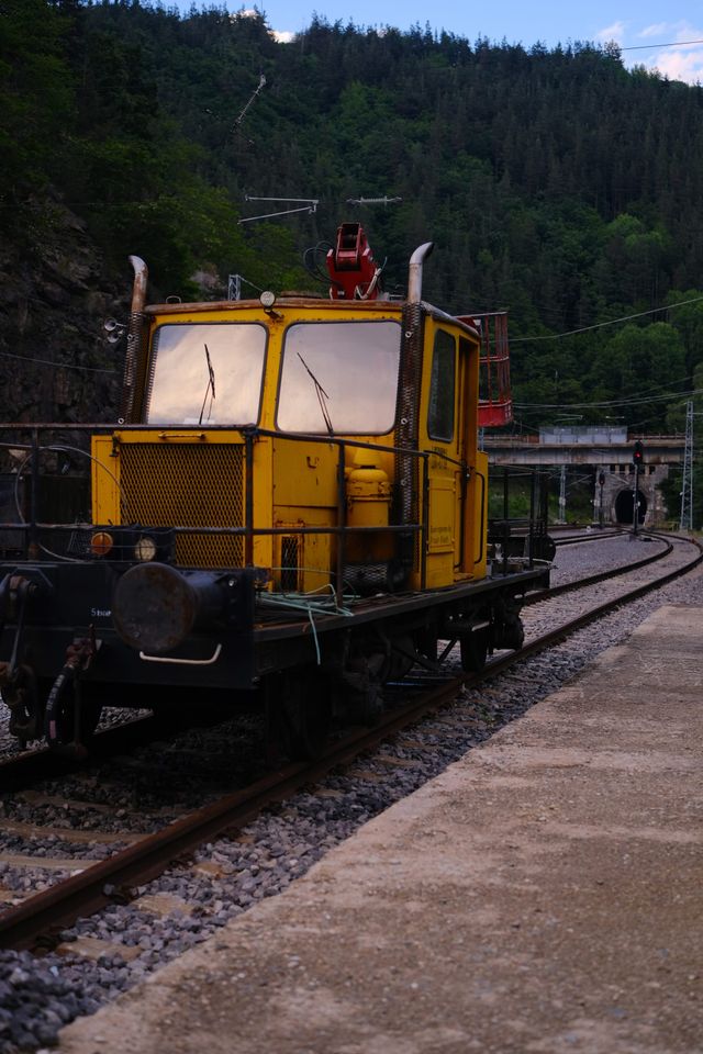 Yellow railway service vehicle at Koprivshtitsa station