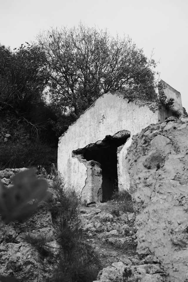 Black-and-white remains of a small stone building among trees