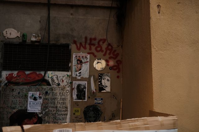 Weathered Barcelona doorway and wall covered in graffiti, pasted portraits and small posters.