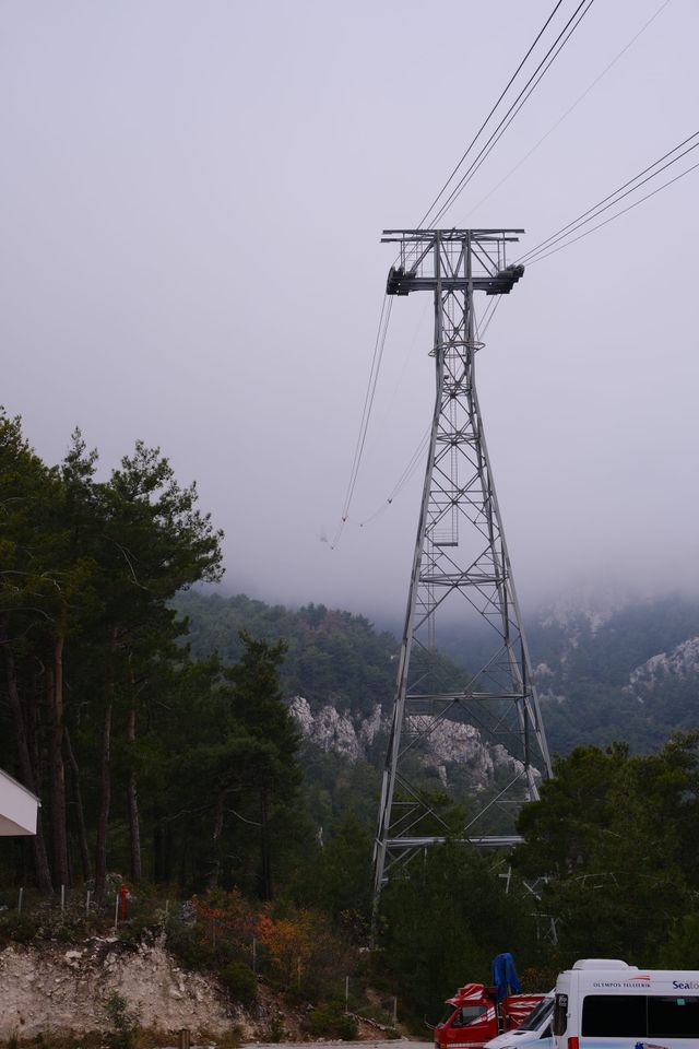 霧に包まれた森林の丘の上に送電鉄塔が立つ。